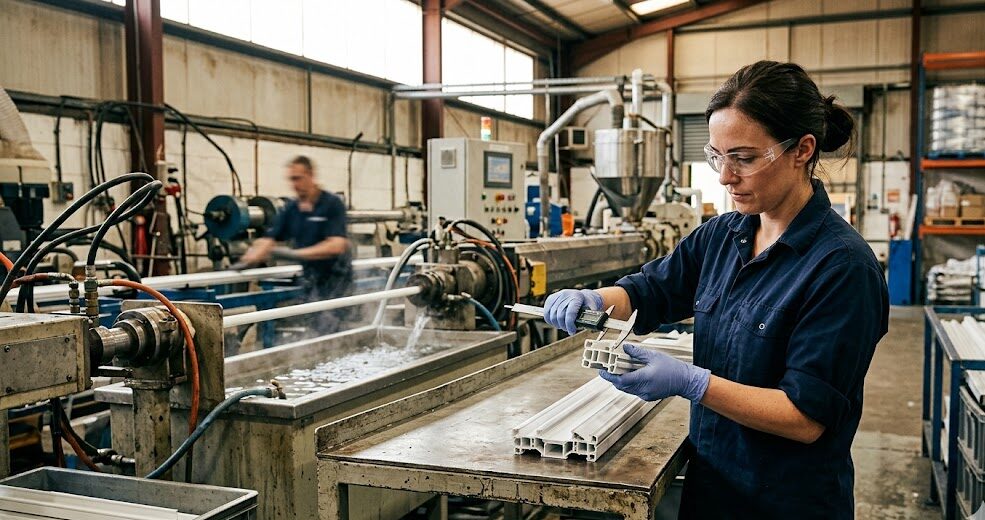 Une technicienne d'usine en bleu de travail et lunettes de protection utilise un pied à coulisse numérique pour mesurer avec précision un profilé en plastique extrudé blanc, dans un atelier de fabrication industrielle avec une ligne de production en arrière-plan.