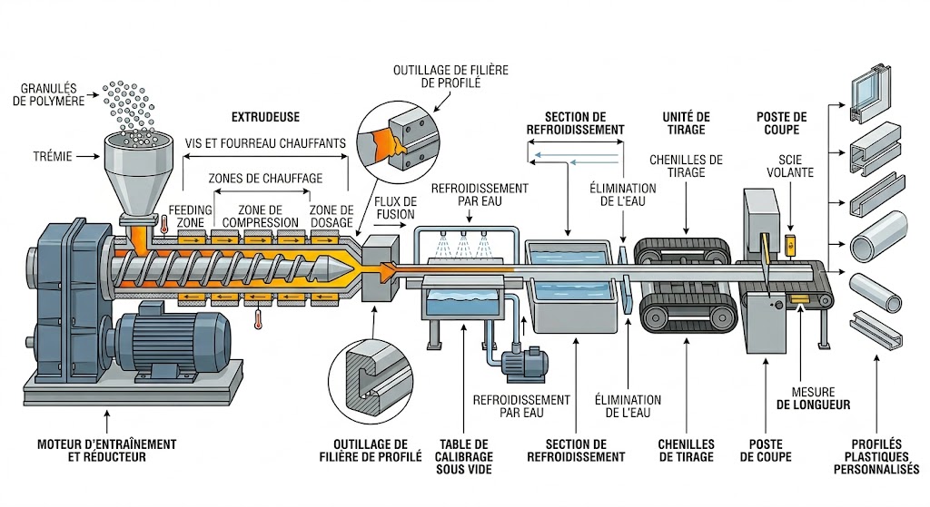 Les différentes étapes de la fabrication en continu de profilés plastiques par extrusion.